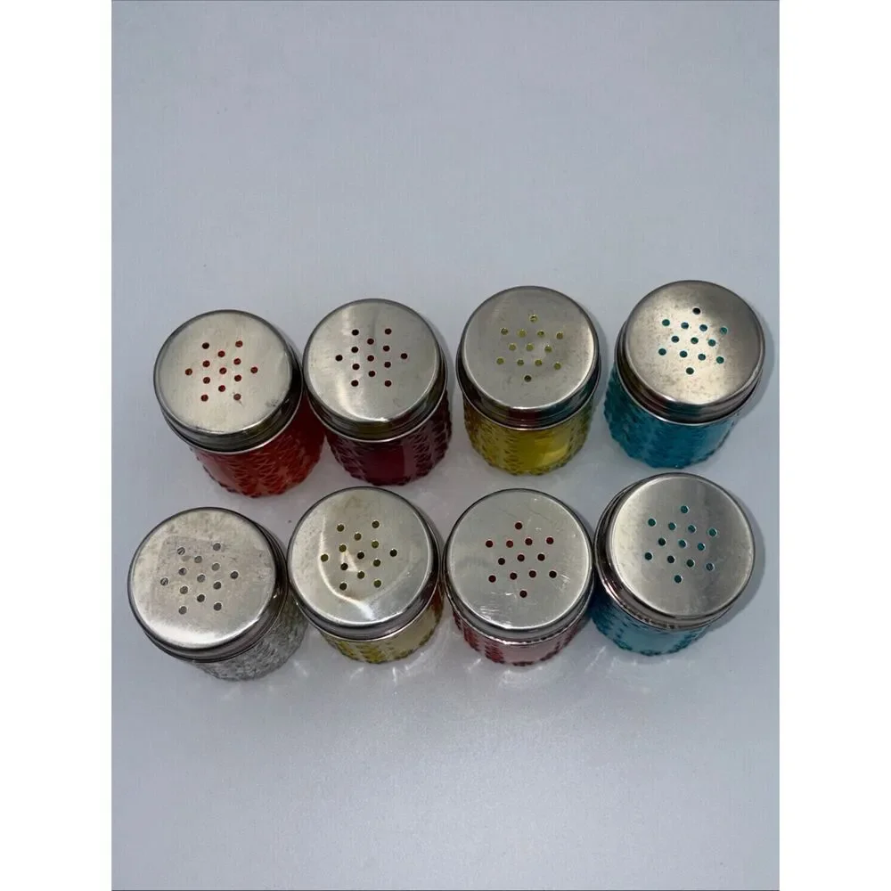 Vintage MCM Colored Glass Spice Bottles Aluminum Tops Colorful